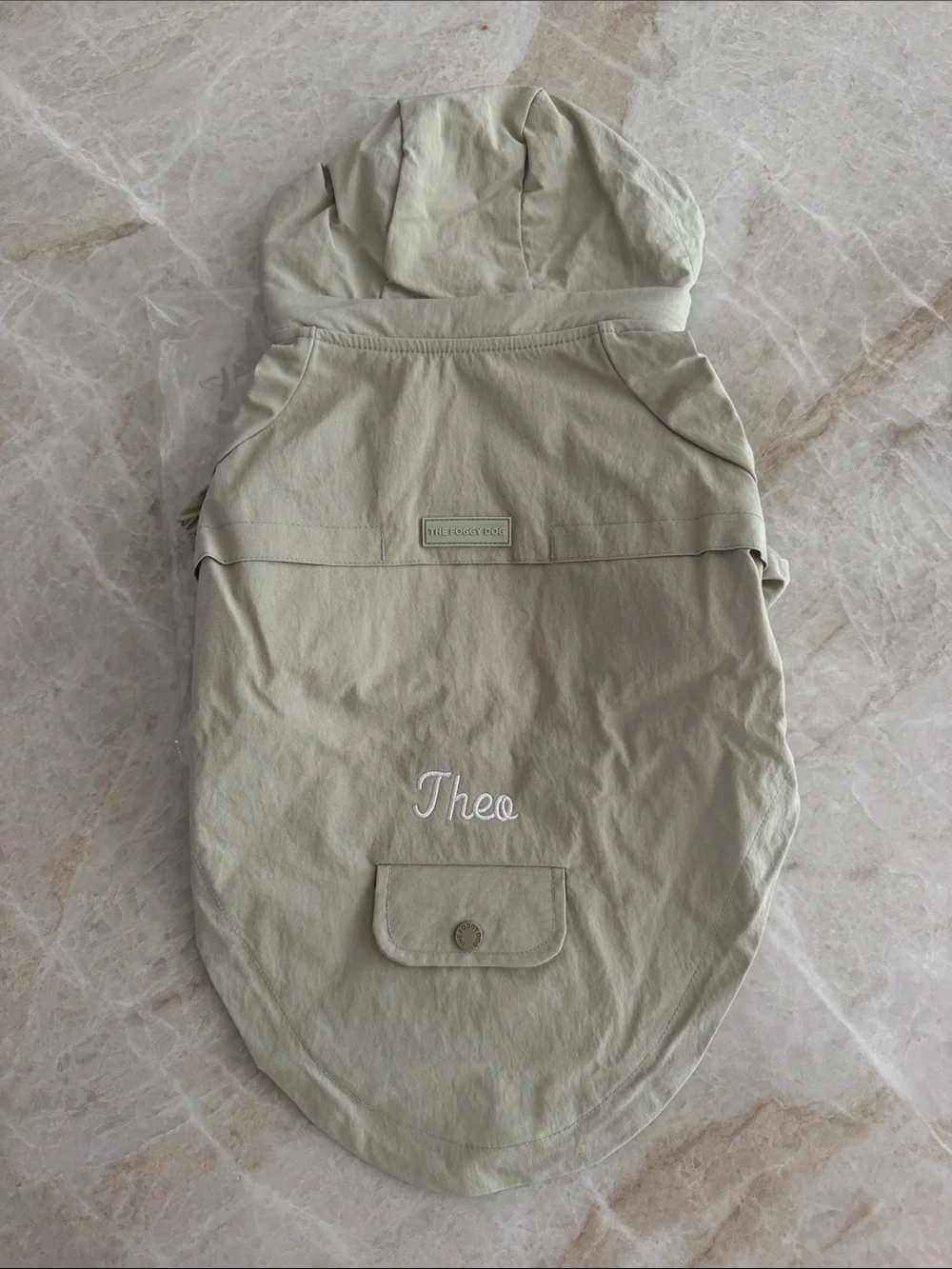 THE FOGGY DOG | Sage Raincoat | Size: Small | Embroidered “Theo”